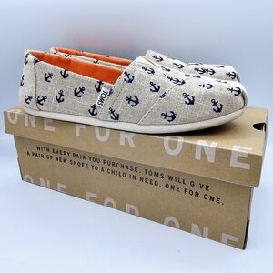 Toms Natural Burlap Canvas with Embroidered Navy Blue Anchors Slip-On Shoes 8.5